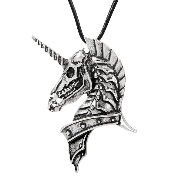 Pendentif tête de licorne squelettique en métal argenté. Bijou gothique avec une corne en spirale et une armure. Accessoire de mode fantastique et unique., 45501761782015 | Licorne Shop