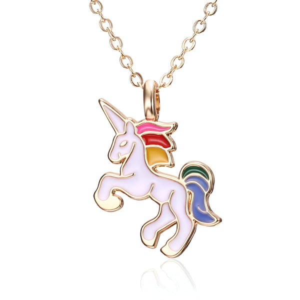Collier doré avec pendentif en forme de licorne blanche à crinière arc-en-ciel. Bijou fantaisie pour enfants., 45501961437439 | Licorne Shop