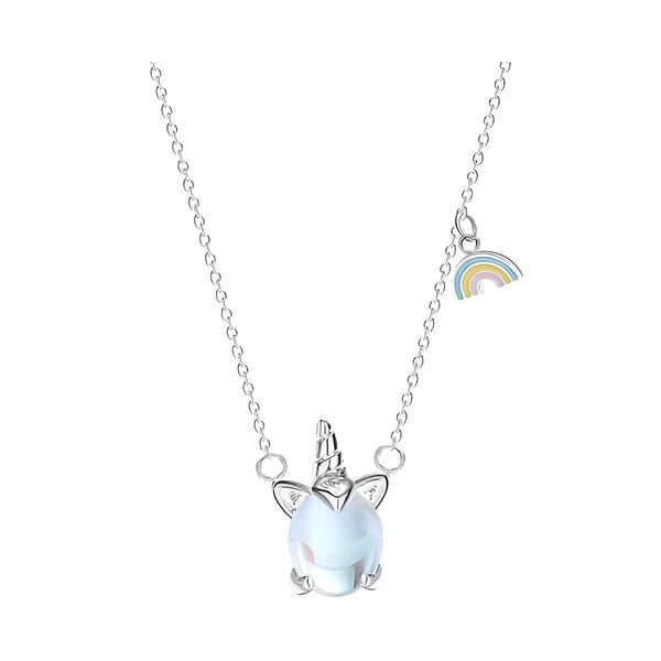 Collier argenté avec pendentif licorne et arc-en-ciel miniature. Le corps de la licorne est une pierre opalescente. Bijou fantaisie pour enfants., 45501316792575 | Licorne Shop