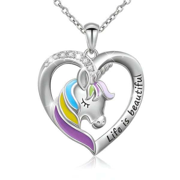 Pendentif en forme de cœur argenté avec une licorne aux couleurs vives. La phrase "Life is beautiful" est inscrite sur le côté. Bijou fantaisie à la mode pour les amoureux des licornes., 45501744382207 | Licorne Shop
