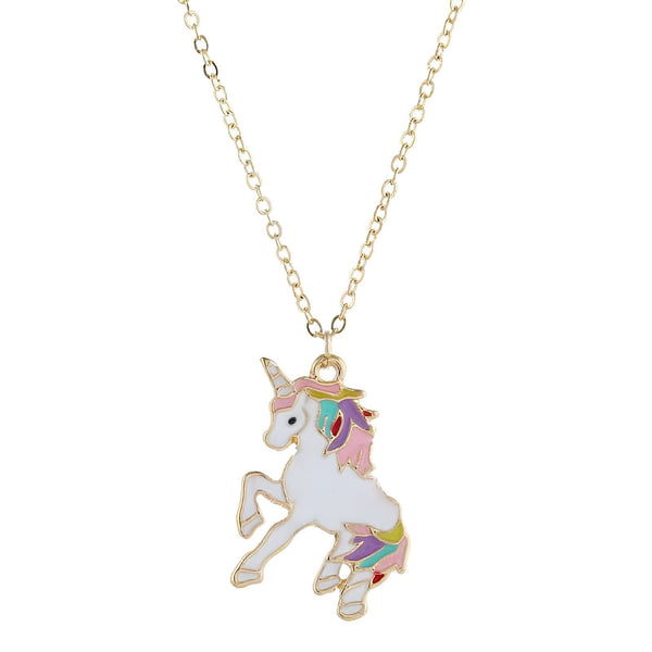 Collier avec pendentif licorne émaillée blanche aux détails multicolores, suspendu à une chaîne dorée. Bijou fantaisie tendance pour enfants et adultes. Accessoire mode licorne., 45502394663167 | Licorne Shop