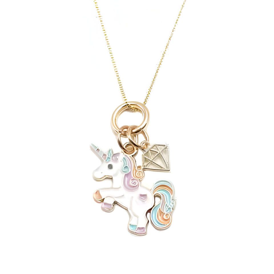 Collier doré avec pendentif licorne émaillée pastel et diamant. Bijou fantaisie pour enfant, accessoire de mode tendance, idée cadeau originale et mignonne., 45502394728703 | Licorne Shop