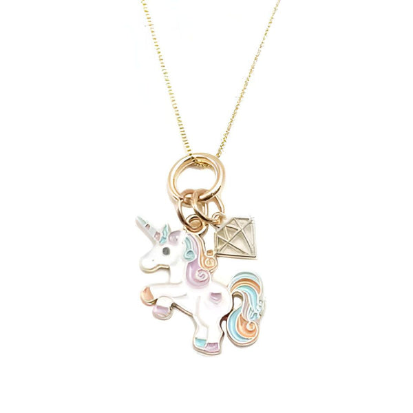 Collier doré avec pendentif licorne émaillée pastel et diamant. Bijou fantaisie pour enfant, accessoire de mode tendance, idée cadeau originale et mignonne., 45502394728703 | Licorne Shop