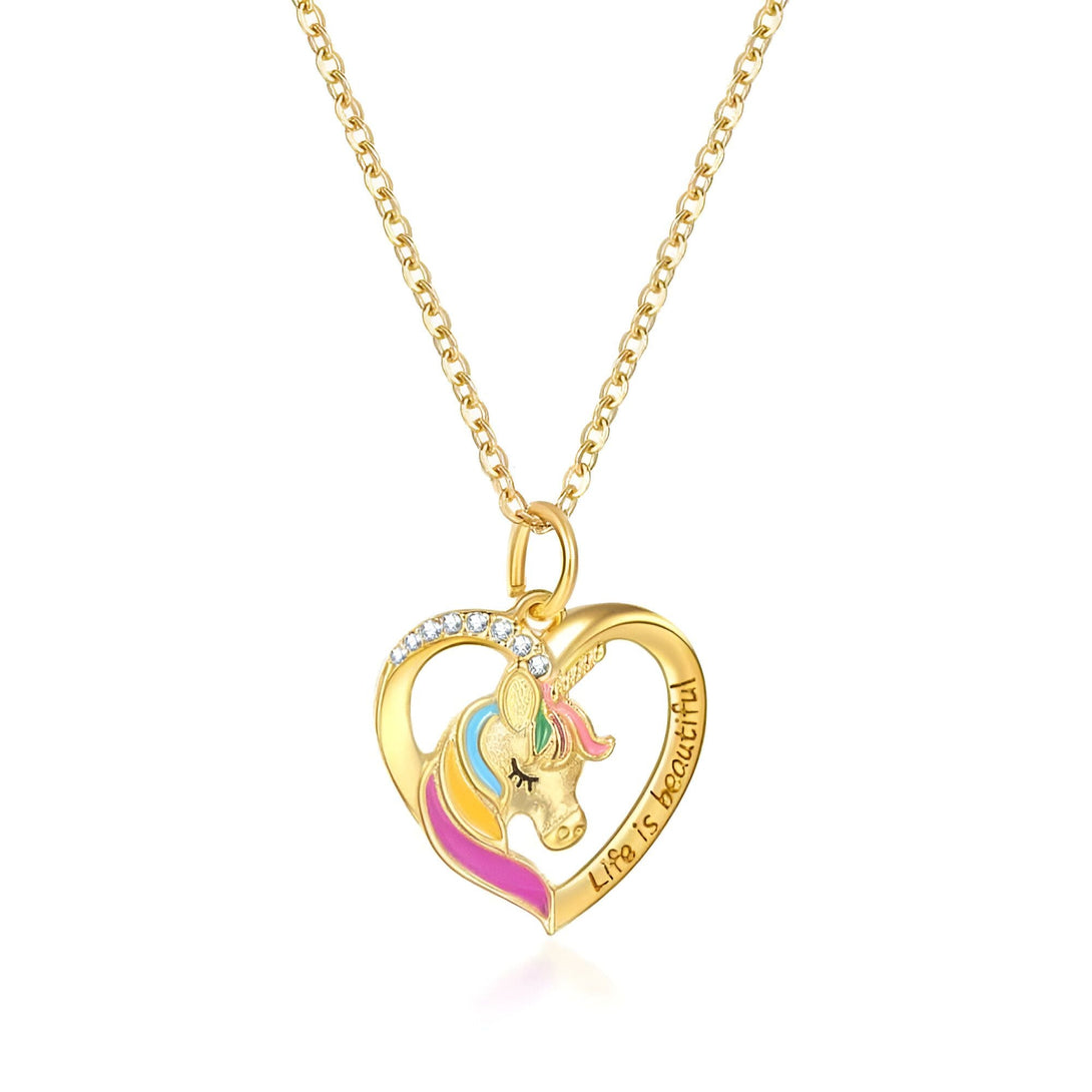 Collier doré avec pendentif en forme de cœur contenant une licorne colorée et la phrase "Life is beautiful". Bijou fantaisie pour femme ou enfant., 45501728915711 | Licorne Shop