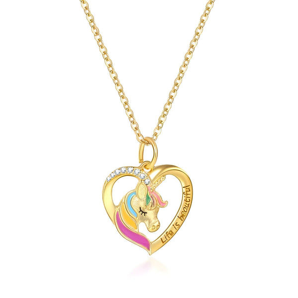 Collier doré avec pendentif en forme de cœur contenant une licorne colorée et la phrase "Life is beautiful". Bijou fantaisie pour femme ou enfant., 45501728915711 | Licorne Shop