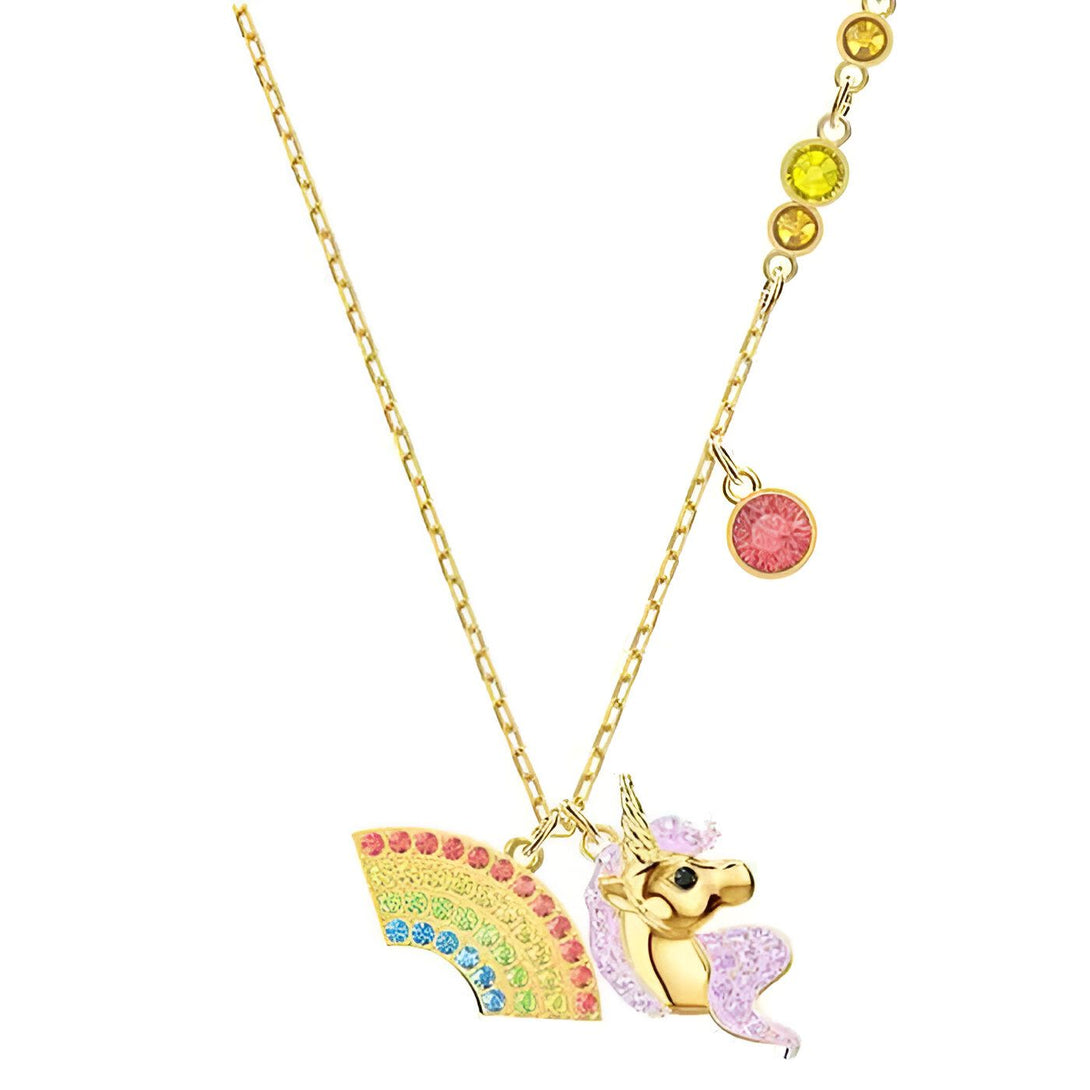 Collier doré avec pendentifs licorne et arc-en-ciel multicolores. Bijou fantaisie avec cristaux., 45501716726015 | Licorne Shop