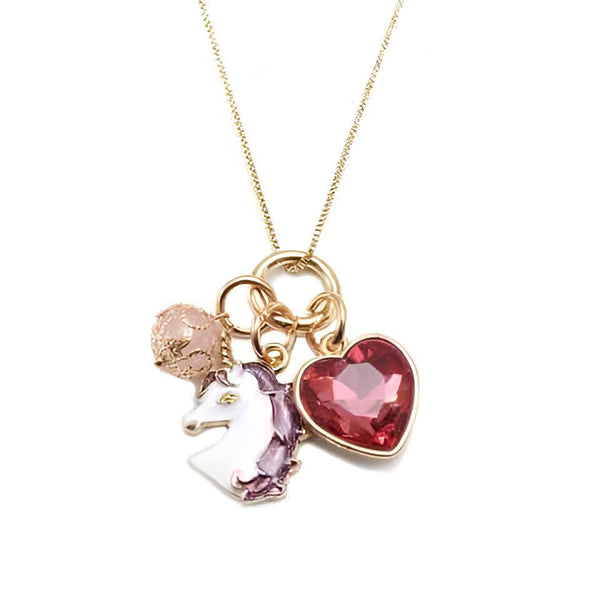 Collier doré avec pendentifs : licorne blanche, cœur rose et breloque décorative. Bijou fantaisie pour femme. Accessoire de mode mignon et tendance., 45501844881663 | Licorne Shop