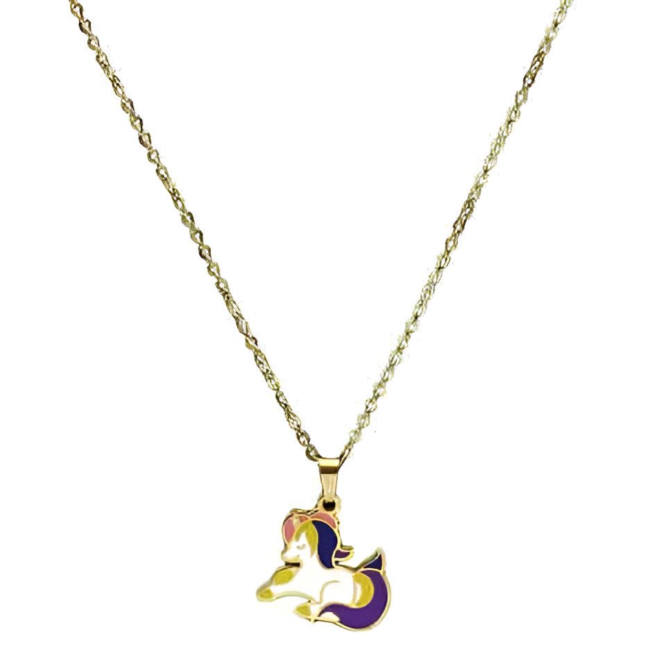 Collier avec pendentif licorne coloré. Bijou pour enfant avec chaîne dorée et motif fantaisie. Accessoire mode mignon et tendance., 45502395056383 | Licorne Shop