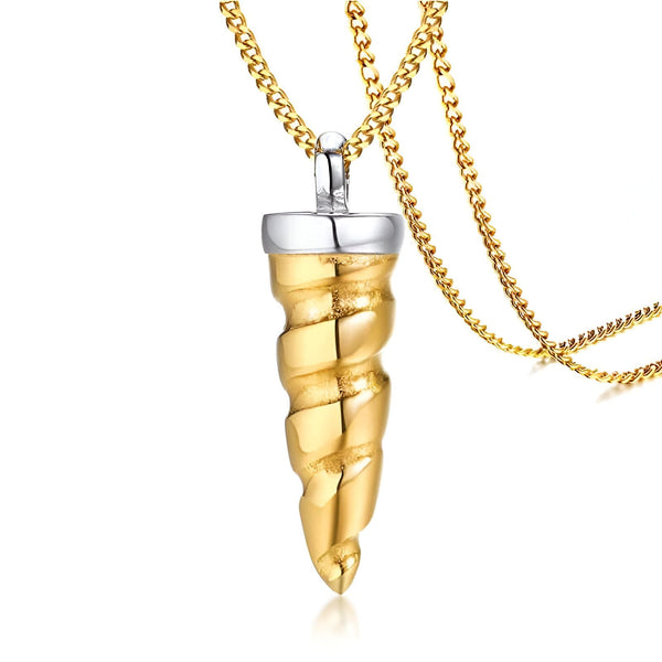 Pendentif en forme de corne de licorne dorée avec une chaîne dorée. Bijou fantaisie unisexe. Accessoire tendance pour un look unique et original., 45501719249151 | Licorne Shop