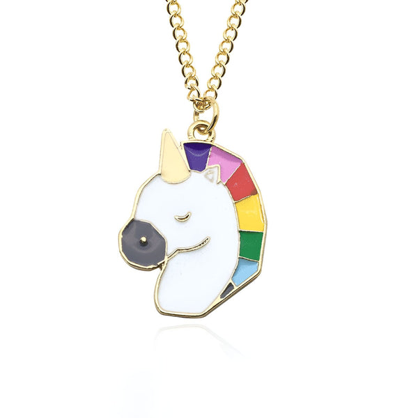 Collier doré avec pendentif en forme de tête de licorne blanche, corne dorée et crinière arc-en-ciel. Bijou fantaisie pour enfants ou adultes fans de licornes. Accessoire mignon et tendance., 45501747233023 | Licorne Shop