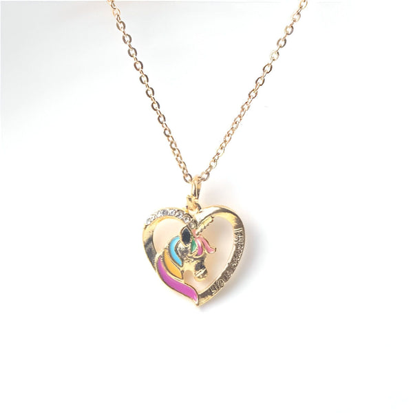 Collier doré avec pendentif cœur et licorne multicolore. Bijou fantaisie pour enfant ou adulte. Cadeau original et féerique., 45501758669055 | Licorne Shop