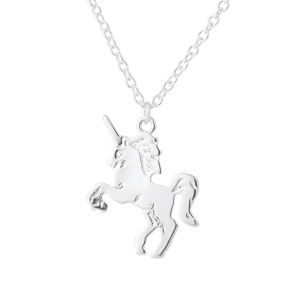 Collier argenté avec pendentif en forme de licorne cabrée. Bijou fantaisie pour femme, style féerique et mythique. Idée cadeau originale., 45501128016127 | Licorne Shop