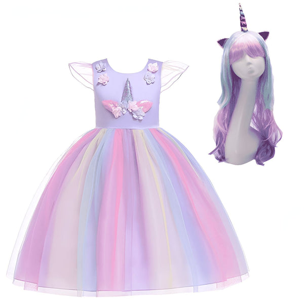 Robe de princesse licorne avec tulle arc-en-ciel et détails floraux. Ensemble comprenant robe et perruque avec corne de licorne, idéal pour fêtes et déguisements féériques., 45501284122879,45501284155647,45501284188415,45501284221183,45501284286719,45501284319487,45501284352255,45501284385023 | Licorne Shop