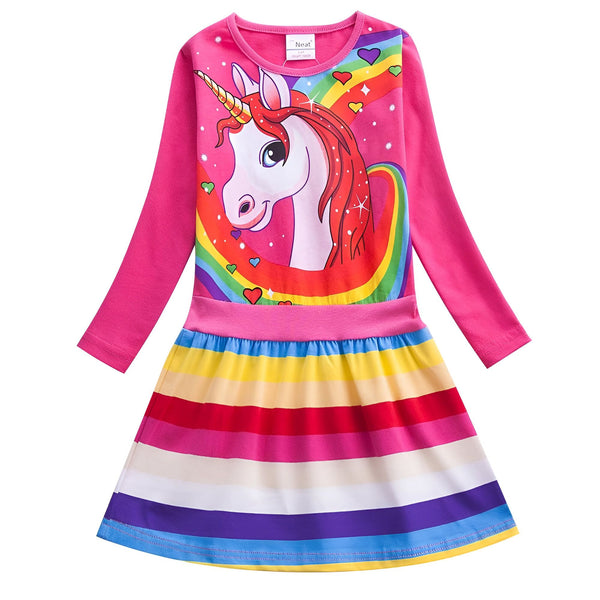 Robe enfant rose à manches longues avec motif licorne et arc-en-ciel, jupe à rayures multicolores. Vêtement fille fantaisie, style décontracté., 45501378363647,45501378396415,45501378429183,45501378461951,45501378494719,45501378527487,45501378560255,45501378593023 | Licorne Shop