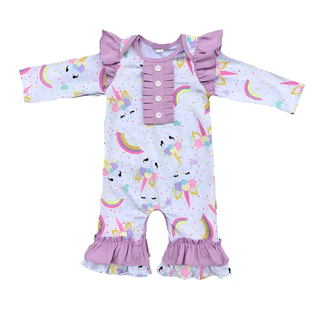 Grenouillère pour bébé à manches longues avec imprimé licorne et arc-en-ciel, bordure à volants lilas, fermeture boutonnée, adorable tenue pour nourrisson., 45501209968895,45501210001663,45501210034431,45501210067199,45501210099967,45501210132735,45501210165503,45501210198271 | Licorne Shop