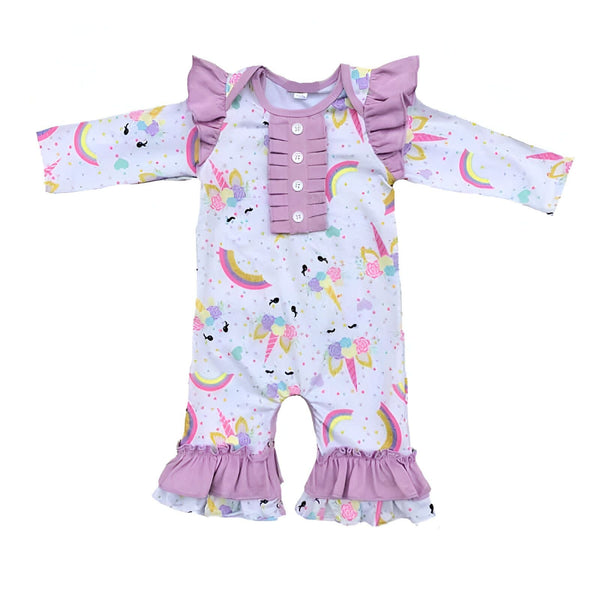 Grenouillère pour bébé à manches longues avec imprimé licorne et arc-en-ciel, bordure à volants lilas, fermeture boutonnée, adorable tenue pour nourrisson., 45501209968895,45501210001663,45501210034431,45501210067199,45501210099967,45501210132735,45501210165503,45501210198271 | Licorne Shop