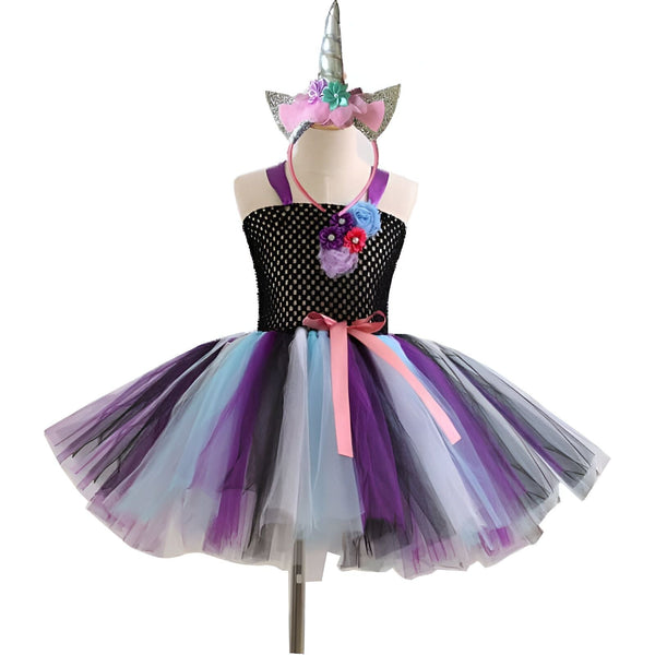 Costume de licorne pour enfant avec tutu coloré et serre-tête orné d'une corne argentée et de fleurs. Tenue idéale pour carnaval, fêtes d'anniversaire ou déguisements. Style féérique et joyeux., 45502414553343,45502414586111,45502414618879,45502414651647,45502414684415,45502414717183,45502414749951,45502414782719 | Licorne Shop