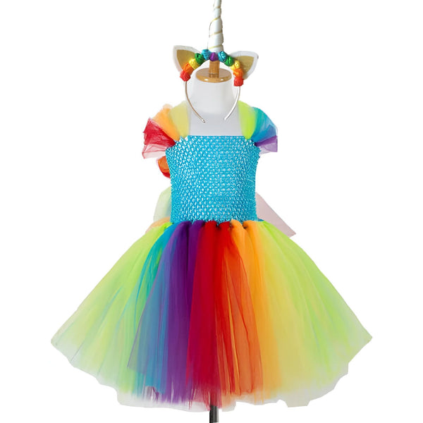 Costume de déguisement pour enfant, robe tutu arc-en-ciel avec un haut bleu et un serre-tête licorne assorti. Parfait pour une fête costumée ou un anniversaire sur le thème de la licorne., 45501279731967,45501279764735,45501279797503,45501279830271,45501279863039,45501279895807,45501279928575,45501279961343 | Licorne Shop