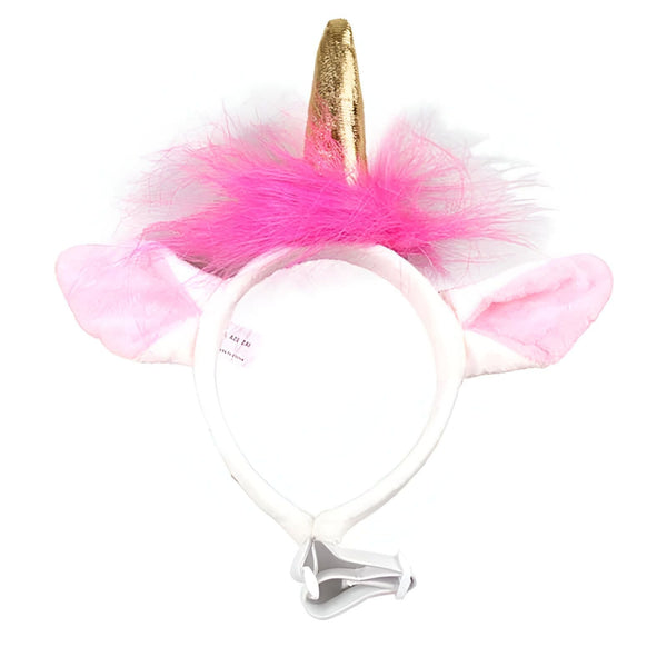 Serre-tête licorne blanc avec corne dorée, oreilles roses et crinière en plumes rose vif, parfait pour un déguisement ou une fête d'anniversaire. Accessoire de mode fantaisie pour enfants et adultes., 45501215113471,45501215146239,45501215179007,45501215211775,45501215244543,45501215277311,45501215310079,45501215342847 | Licorne Shop