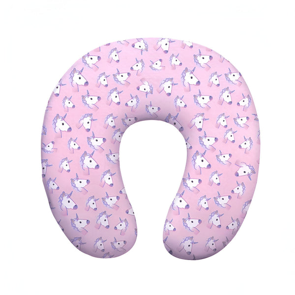 Coussin de voyage rose en forme de U, imprimé avec des têtes de licornes blanches avec des crinières lilas. Accessoire confortable pour le cou, idéal pour les longs trajets., 45501068509439 | Licorne Shop
