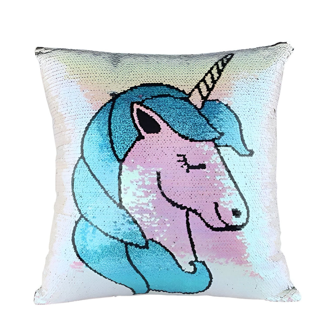 Coussin carré à sequins réversibles avec motif licorne rose et crinière bleue. Idéal pour la décoration intérieure, chambre d'enfant, ambiance féerique., 45501049929983 | Licorne Shop