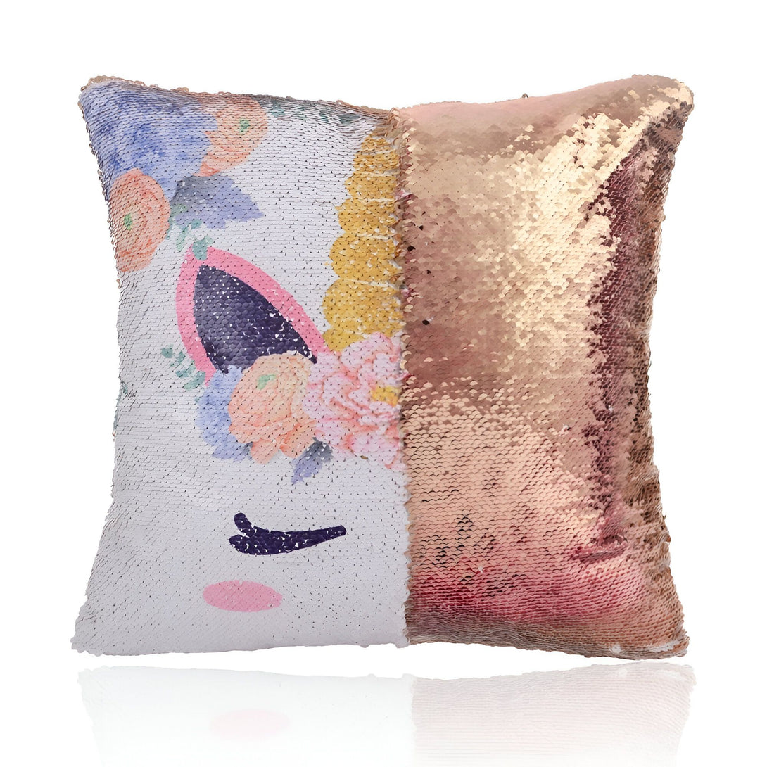 Coussin carré à paillettes réversibles, moitié or rose uni et moitié blanche avec motif licorne à fleurs. Décoration intérieure, chambre d'enfant, accessoires de décoration., 45501050061055 | Licorne Shop