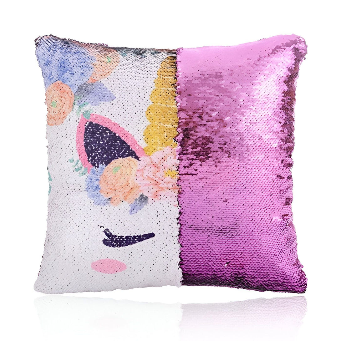 Coussin carré à paillettes réversibles, moitié rose unie, moitié motif licorne avec des fleurs. Décoration intérieure féerique et colorée., 45501049635071 | Licorne Shop