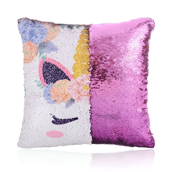Coussin décoratif à paillettes réversibles, moitié motif licorne florale, moitié rose uni scintillant. Décoration intérieure originale et ludique., 45501049274623 | Licorne Shop