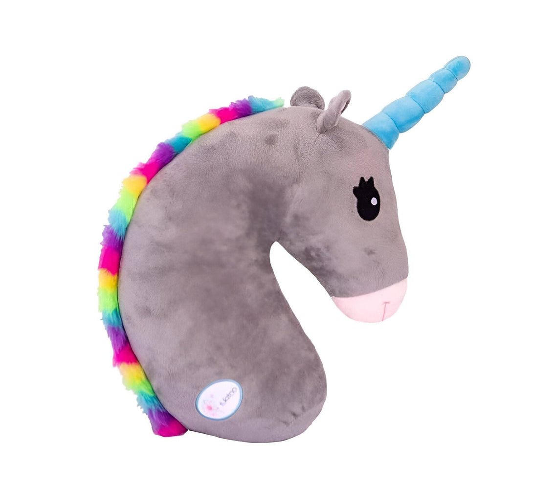 Coussin de voyage en forme de tête de licorne grise avec crinière arc-en-ciel et corne bleue. Accessoire confortable pour enfants et adultes en voyage., 45501067428095 | Licorne Shop