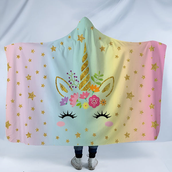 Cape à capuche licorne avec motif de licorne dorée sur fond arc-en-ciel. Étoiles dorées éparpillées. Idéal pour les enfants., 45501034430719 | Licorne Shop