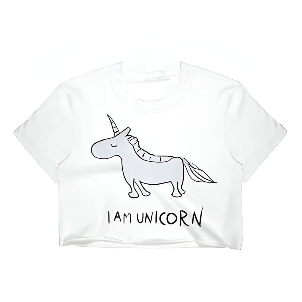 T-shirt blanc court avec un dessin d'une licorne grise et le texte "I am unicorn" en noir. Vêtement à la mode avec un motif fantaisiste. Idéal pour les fans de créatures mythiques., 45501291561215 | Licorne Shop