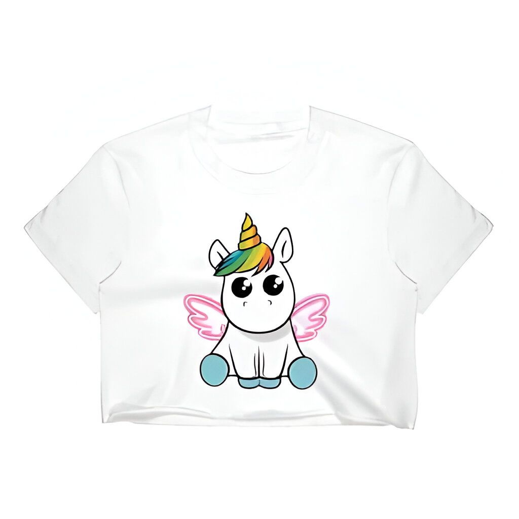 T-shirt court blanc avec un dessin de licorne ailée kawaii, corne arc-en-ciel. Idéal pour les fans de créatures imaginaires et de vêtements mignons. Style décontracté et tendance., 45501301915903 | Licorne Shop