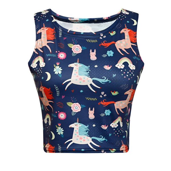 Débardeur court bleu marine à motifs d'licornes, arcs-en-ciel, fleurs et lapins. Vêtement pour femme avec un imprimé fantaisiste, style kawaii. Mode estivale, look jeune et amusant., 45501294346495 | Licorne Shop
