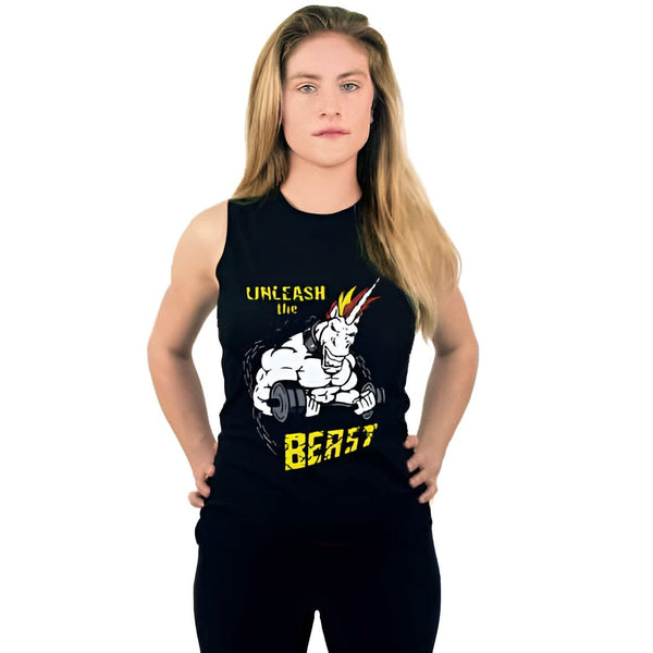 Une femme en débardeur noir avec un dessin d'une licorne musclée soulevant des poids et le texte "Unleash the Beast"., 45502219813119,45502219845887,45502219878655,45502219911423,45502219944191,45502219976959,45502220009727,45502220042495 | Licorne Shop