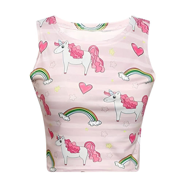 Débardeur rose clair avec motifs d'unicorne blanc et arcs-en-ciel colorés. Coeurs roses sur le tissu. Vêtement tendance pour jeunes filles et femmes., 45502233149695,45502233182463,45502233215231,45502233247999,45502233280767,45502233346303,45502233477375,45502233608447 | Licorne Shop