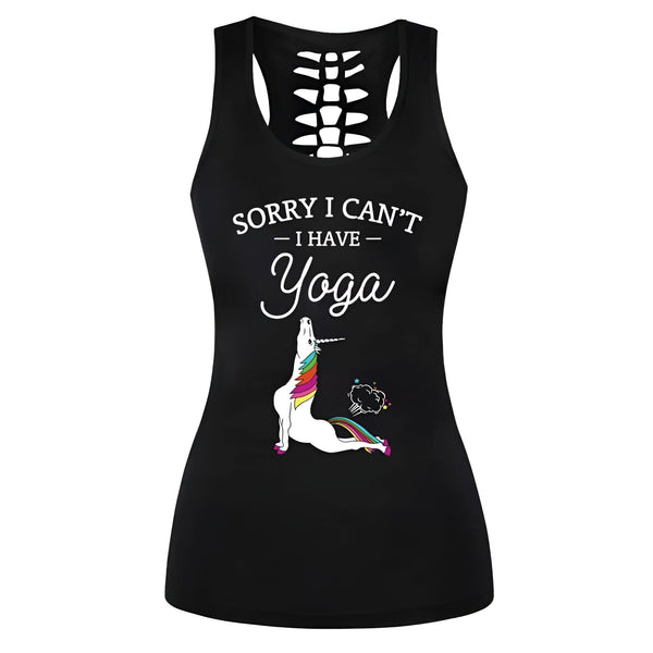 Débardeur noir avec dos nageur orné d'un motif « Sorry I can't I have Yoga » et d'une illustration d'une licorne faisant du yoga. Idéal pour les amateurs de yoga avec une touche d'humour., 45502222270719,45502222303487,45502222336255,45502222369023,45502222401791,45502222434559,45502222467327,45502222500095 | Licorne Shop
