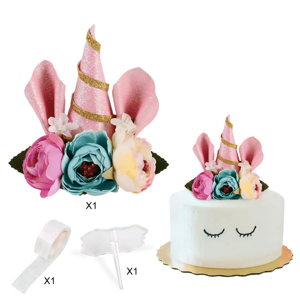 Décoration de gâteau licorne avec corne rose à paillettes dorées, oreilles roses et fleurs colorées. Inclus : ruban adhésif, support en plastique pour fixer la décoration sur le gâteau. Décoration idéale pour un anniversaire féérique., 45501361127679 | Licorne Shop