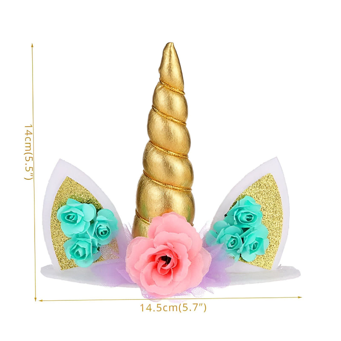 Couronne de licorne avec une corne dorée, des oreilles blanches scintillantes et des fleurs roses et turquoise. Accessoire de fête fantaisie pour enfants., 45501225173247 | Licorne Shop