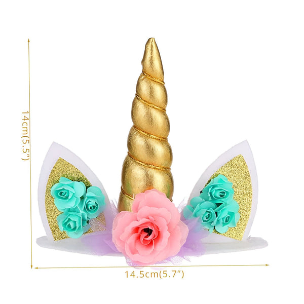 Couronne de licorne avec une corne dorée, des oreilles blanches scintillantes et des fleurs roses et turquoise. Accessoire de fête fantaisie pour enfants., 45501225173247 | Licorne Shop