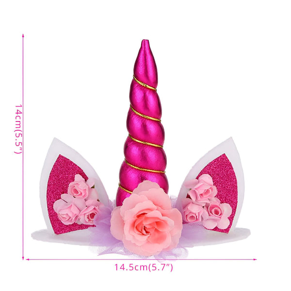 Gros plan d'un serre-tête licorne rose scintillant avec des oreilles blanches et roses ornées de fleurs roses, idéal pour les fêtes d'anniversaire et les déguisements pour enfants., 45501303554303 | Licorne Shop
