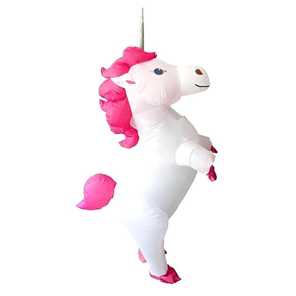 Costume gonflable de licorne blanche avec crinière et queue roses. Idéal pour une fête costumée ou un événement spécial. Déguisement original et amusant., 45501283369215,45501283401983,45501283434751,45501283467519,45501283500287,45501283533055,45501283565823,45501283598591 | Licorne Shop