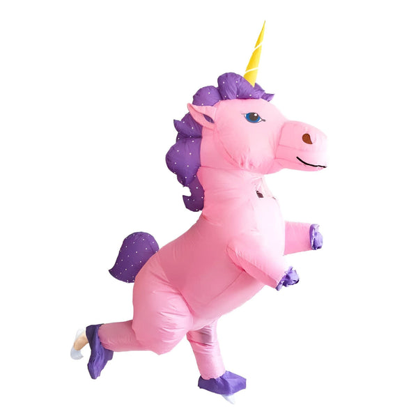 Costume gonflable d'une personne déguisée en licorne rose avec une crinière violette et une corne jaune. Déguisement fantaisie idéal pour une fête costumée., 45501281075455,45501281140991,45501281173759,45501281239295,45501281272063,45501281337599,45501281370367,45501281435903 | Licorne Shop