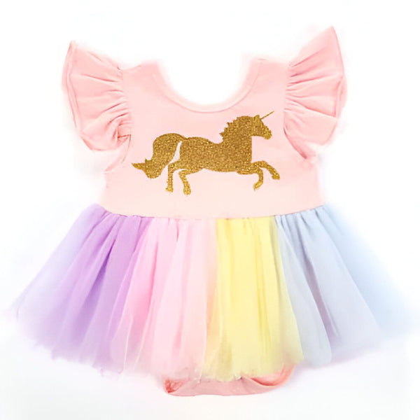 Combinaison de bébé rose avec un tutu arc-en-ciel et un motif de licorne dorée. Vêtement mignon pour les tout-petits., 45501209706751,45501209739519,45501209772287,45501209805055,45501209837823,45501209870591,45501209903359,45501209936127 | Licorne Shop