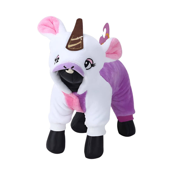 Mannequin canin vêtu d'un costume de licorne violet et blanc avec des oreilles roses, une corne marron et une queue violette. Déguisement pour animaux de compagnie., 45501214097663,45501214130431,45501214163199,45501214195967,45501214228735,45501214261503,45501214294271,45501214327039 | Licorne Shop