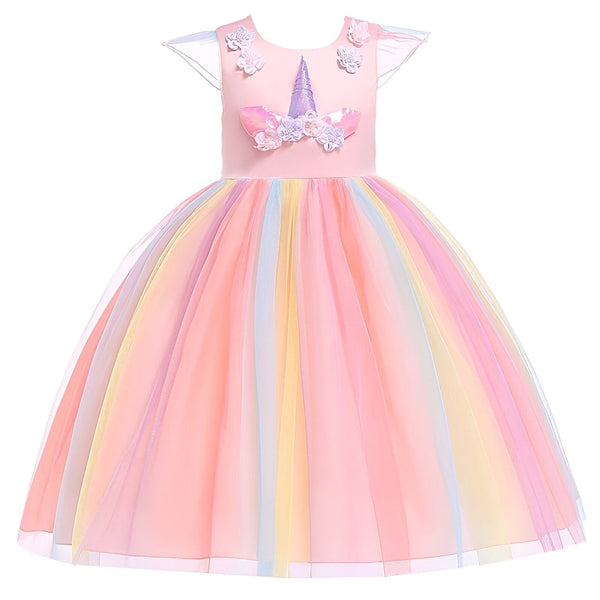 Robe de princesse pour fille avec motif licorne. Corsage rose orné de fleurs et d'une corne de licorne. Jupe longue arc-en-ciel en tulle. Costume de fête féerique, déguisement pour enfant., 45501286580479,45501286613247,45501286646015,45501286711551,45501286777087,45501286809855,45501286842623,45501286940927 | Licorne Shop