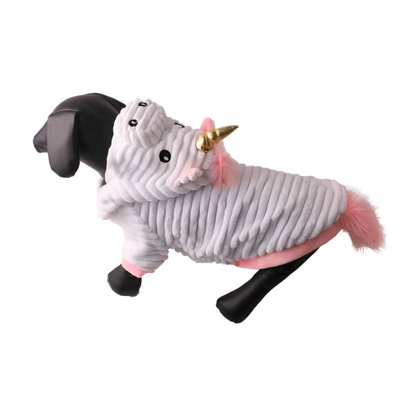 Mannequin de chien portant un déguisement de licorne gris et rose. La tenue a une capuche avec des détails de licorne, comme une corne dorée et une queue rose. Vêtement fantaisie pour animaux de compagnie, costume d'Halloween pour chien., 45501213507839,45501213540607,45501213573375,45501213606143,45501213638911,45501213671679,45501213704447,45501213737215 | Licorne Shop