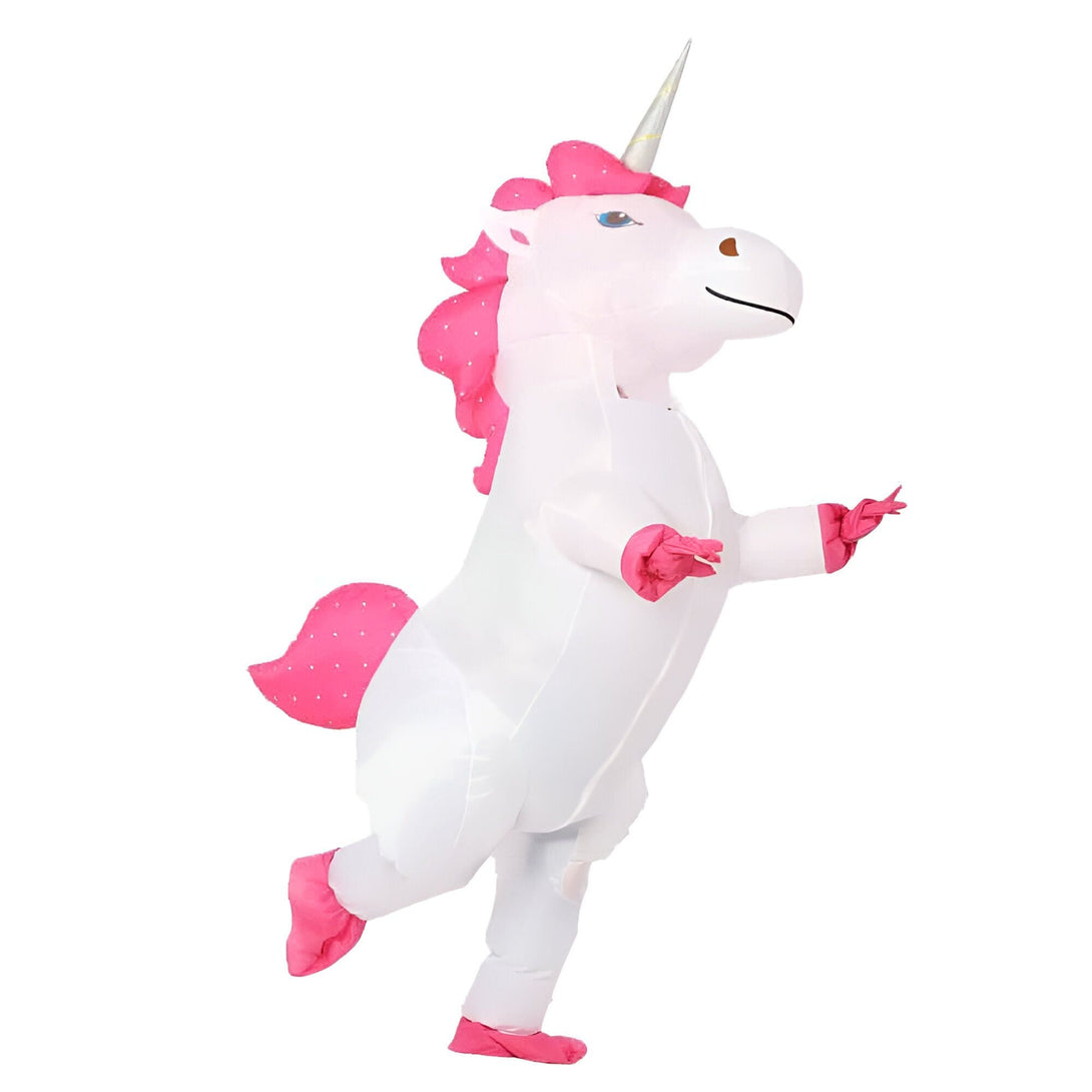 Costume gonflable de licorne blanche et rose pour adulte. Personne portant un déguisement de licorne gonflable, amusant et fantaisiste. Tenue festive pour carnaval, Halloween ou soirée à thème., 45501277765887,45501277798655,45501277831423,45501277864191,45501277896959,45501277929727,45501277962495,45501277995263 | Licorne Shop