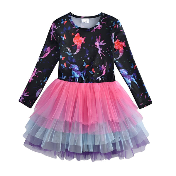 Robe pour enfant à manches longues, motifs féériques et jupe tutu à volants roses et bleus. Idéale pour les petites filles rêveuses!, 45501385277695,45501385310463,45501385343231,45501385375999,45501385408767,45501385441535,45501385474303,45501385507071 | Licorne Shop
