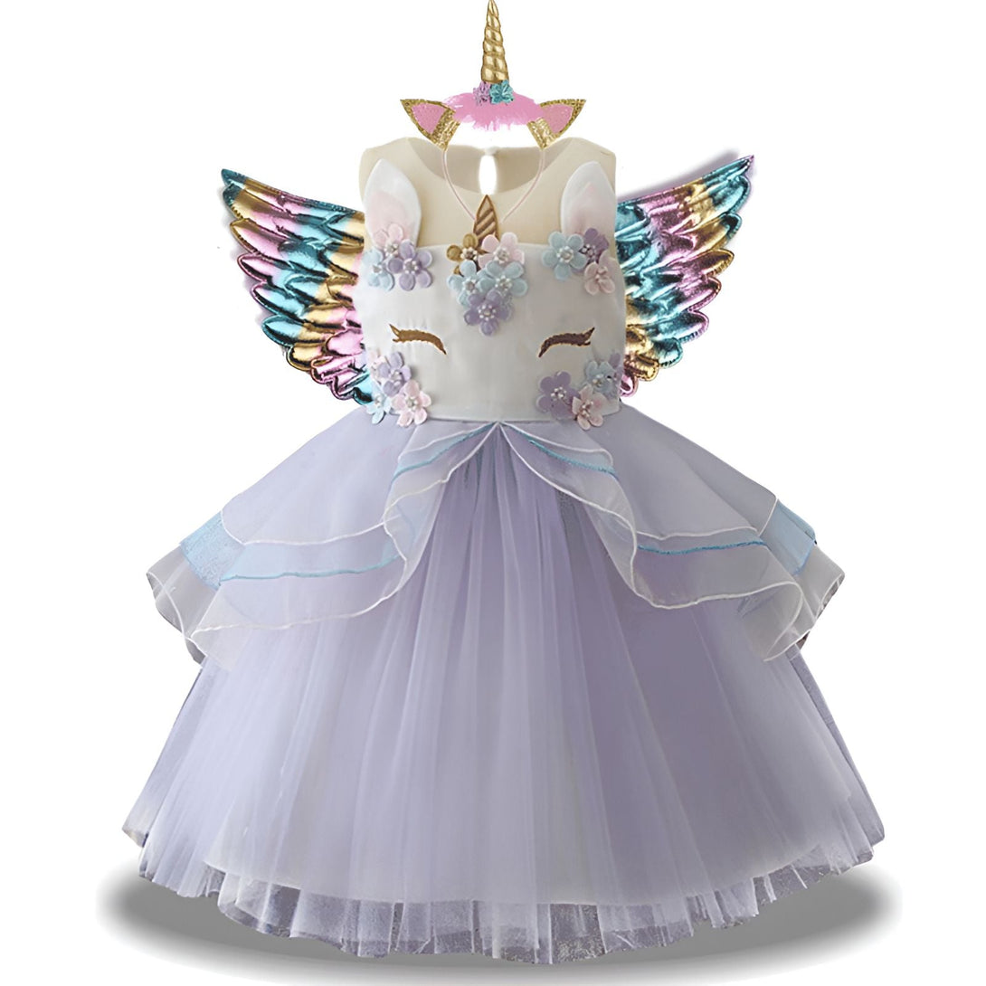 Robe de déguisement licorne pour enfant, avec ailes irisées, ornée de fleurs et d'une corne. Idéal pour les fêtes, les anniversaires ou le carnaval., 45501379543295,45501379576063,45501379608831,45501379674367,45501379707135,45501379739903,45501379772671,45501379805439 | Licorne Shop