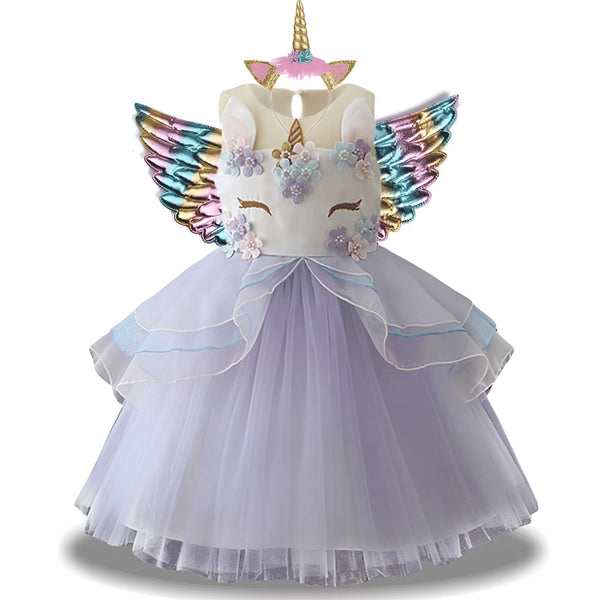 Robe de déguisement licorne pour enfant, avec ailes irisées, ornée de fleurs et d'une corne. Idéal pour les fêtes, les anniversaires ou le carnaval., 45501379543295,45501379576063,45501379608831,45501379674367,45501379707135,45501379739903,45501379772671,45501379805439 | Licorne Shop
